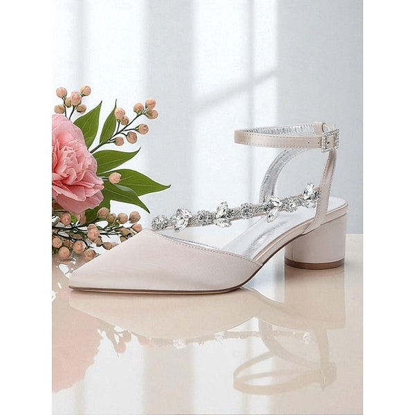 Purple Heel Pumps Women's Satin Block with Rhinestone FashionChic