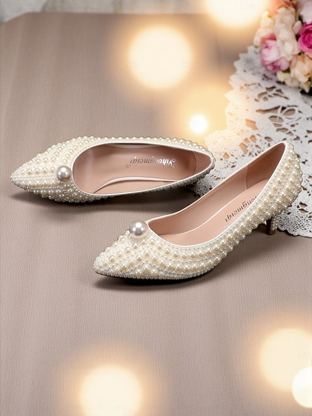 Heel Matching Kitten and Pearl-Embellished Pumps Women's FashionChic