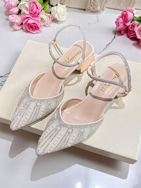 and Pointed Ivory with Toe Pearl Women's Block Heels FashionChic