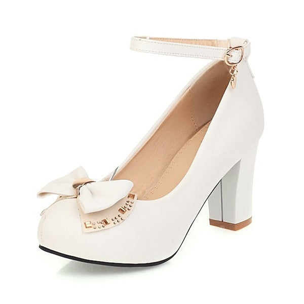 – Toe Pumps Shoes Heel White Dress Girls' Round Block FashionChic