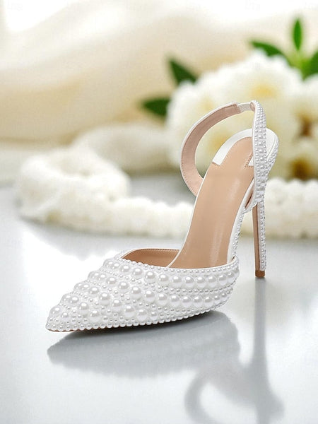 White Pearl-Embellished Slingback Heels Leather Women's - FashionChic