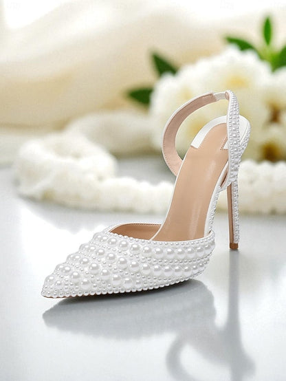 Women's Leather Pearl-Embellished - White Heels Slingback FashionChic