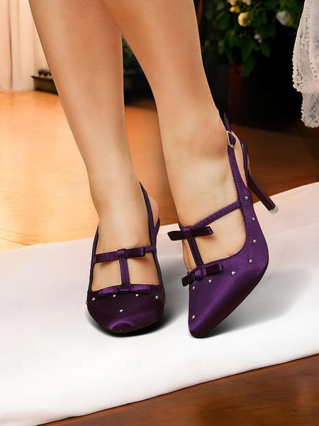 Studs Heels and T-Strap Bows – Purple Satin Women's with FashionChic