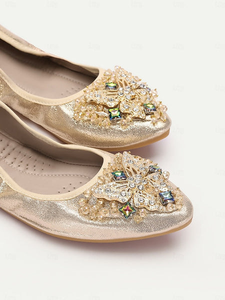 Women's Foldable Glitter Crystal Gold Flats with FashionChic