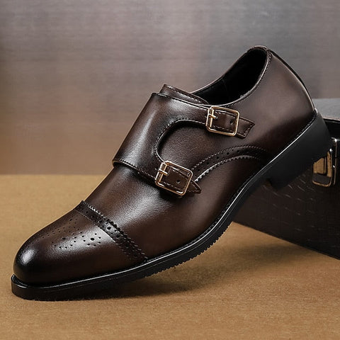 Double Men's Shoes Monk Strap Faux Brown with Dress Leather FashionChic