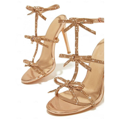 Sandals Knot Gold – Sparkly Strappy Women's Bow Stiletto FashionChic
