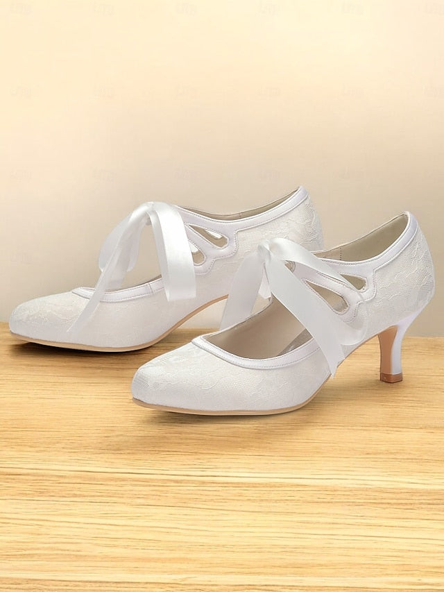 with Lace Vintage Ties Satin Ribbon Bridal White Elegant - Pumps FashionChic