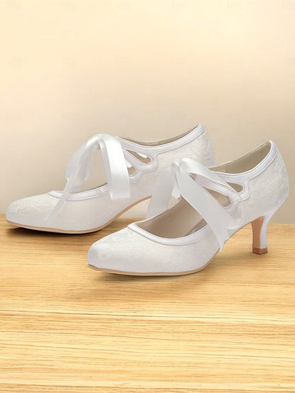 with Lace Vintage Ties Satin Ribbon Bridal White Elegant - Pumps FashionChic