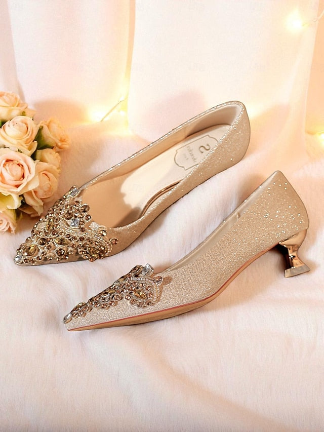 Gold Pumps with Women's Low Heel Pointed-Toe Glitter FashionChic