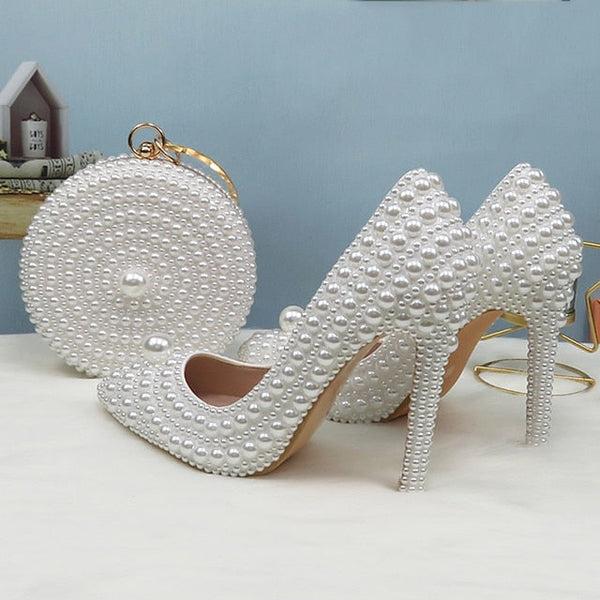 Pearl-Embellished Set Pearl White Stiletto Purse Round and Heels FashionChic