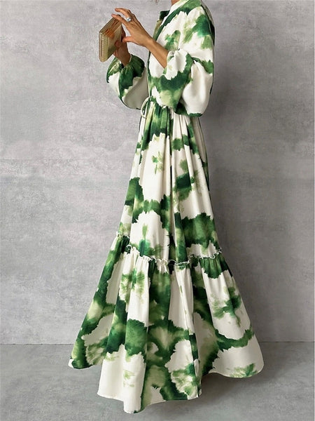 Women's Floral Stand Collar Maxi Dress Long Sleeve Spring