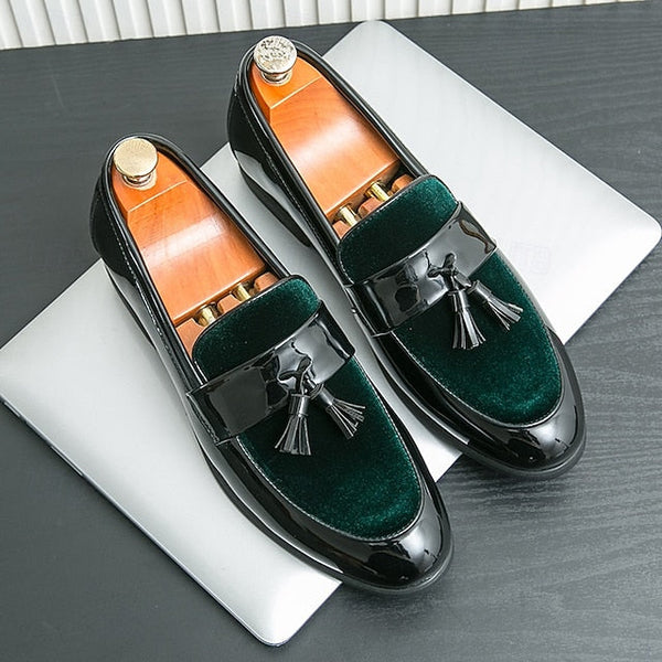 – Men's Black Faux Tassel Loafers Leather Patent Velvet FashionChic