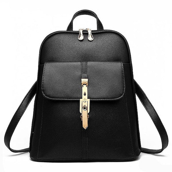 Women's Lock Black Leather Faux Purse Backpack with Gold FashionChic