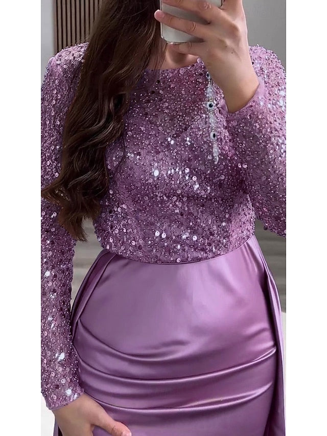 RuchedSatin Dress Sleeves Mermaid Gown Evening Sequin Long FashionChic