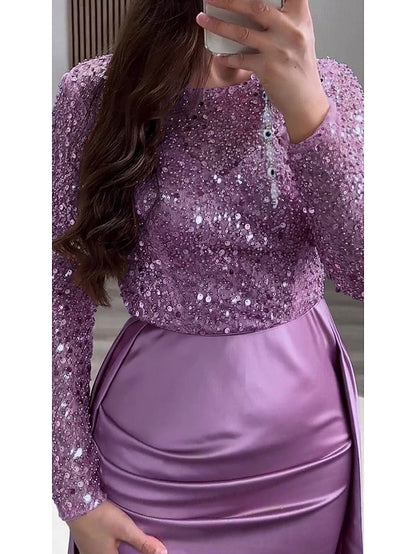 RuchedSatin Dress Sleeves Mermaid Gown Evening Sequin Long FashionChic