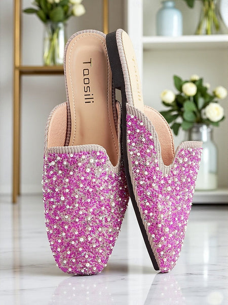 - and Women's Pink Pearl Mules Rhinestone Embellished FashionChic