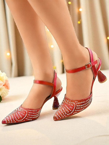 Rhinestone Women's Slingback Red Heels Pointed Toe FashionChic