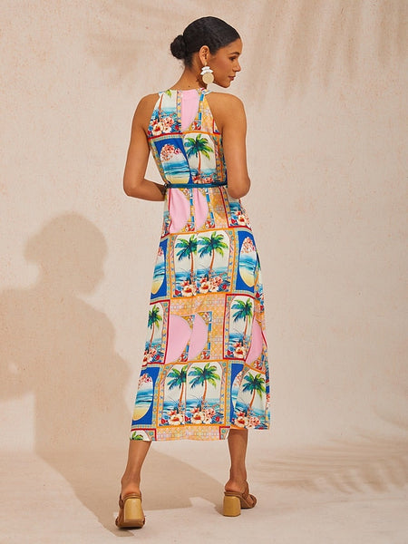 Vacation Geometric Floral Print Waist-cinching Sleeveless Satin FashionChic