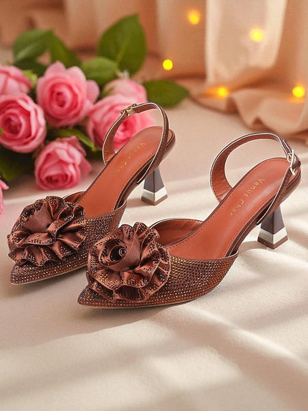 Women's Floral Heels Purple Slingback with Rhinestone FashionChic