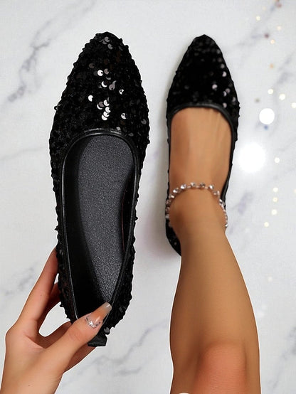 Flats Toe Women's Black Sequin Sparkly - Ballet Pointed FashionChic