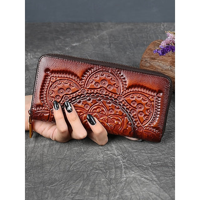 Handmade with elegant mandala leather wallet continental pattern FashionChic