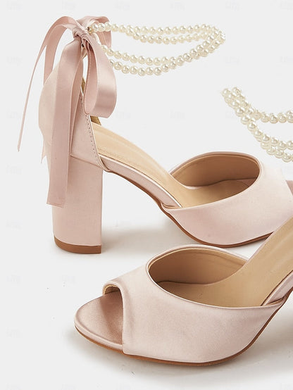 Peep-Toe Sandals Heel Pearl Satin Block Ankle Women's with FashionChic