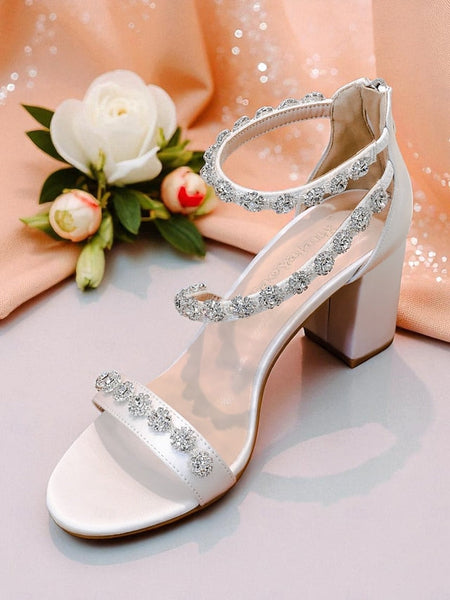 White Elegant Rhinestone - Women's Open Heel Block Sandals FashionChic