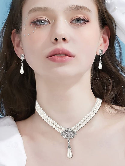 Elegant – Set Pearl Double-Layer Necklace Jewelry Bridal FashionChic