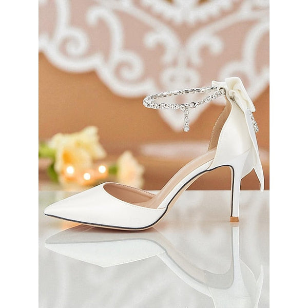 Toe Satin and with Pointed Bow Heels Ivory Women's Stiletto FashionChic