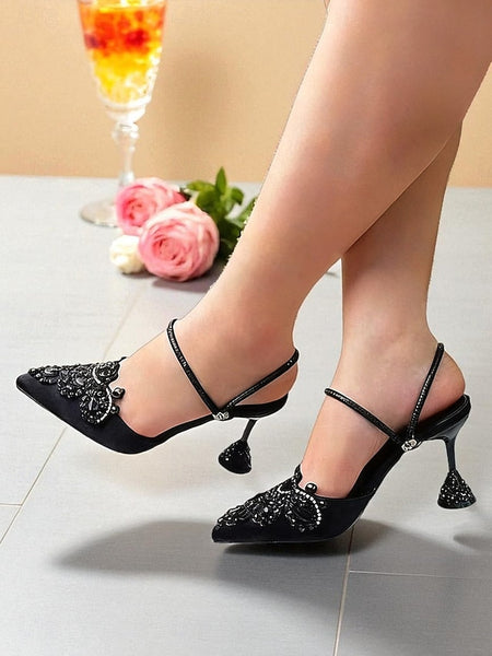 Rhinestone Gold Toe Pointed Embellished Satin Women's FashionChic