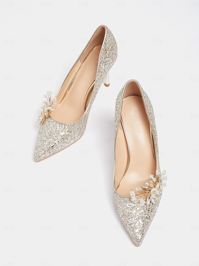 with Women's Glitter Floral Heels Silver Stiletto FashionChic