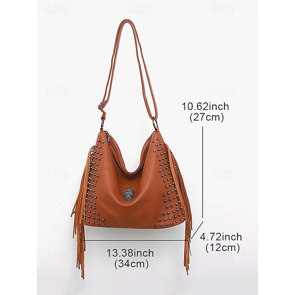 - Brown Leather Boho Studded Bag Women's Hobo Skull Fringe FashionChic
