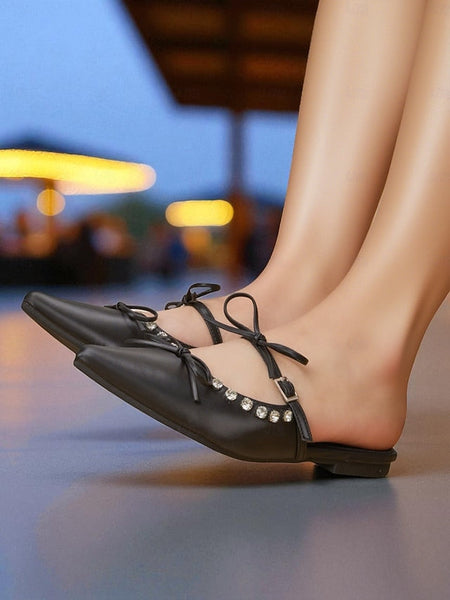 Pointed with Toe Flats Black Women's Rhinestone FashionChic
