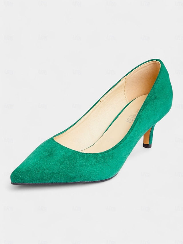 Suede with Women's Pointed-Toe Kitten Emerald Pumps Green FashionChic