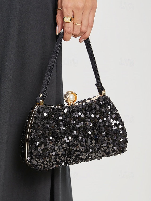 – Women's Evening Pearl Accent Sequin Black Clutch with FashionChic