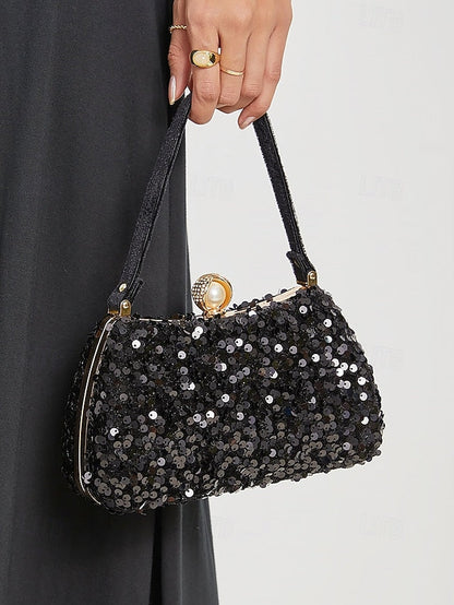 – Women's Evening Pearl Accent Sequin Black Clutch with FashionChic