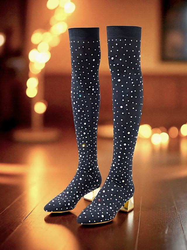 Over-the-Knee with Women's Black Pointed Boots Rhinestone FashionChic