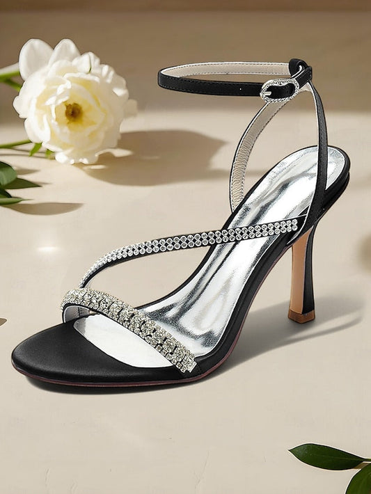 – Sophisticated Heels Strappy Champagne Satin Rhinestone FashionChic
