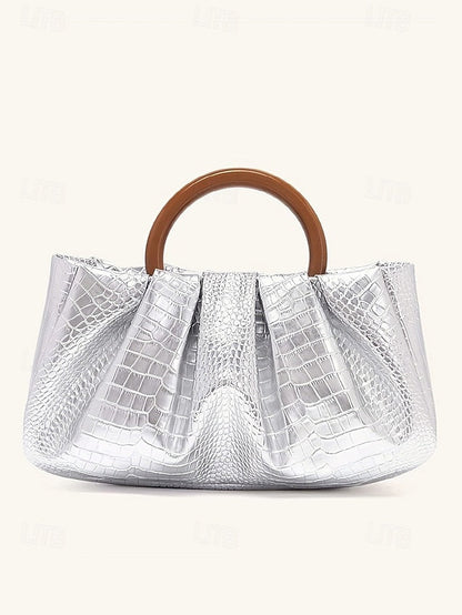 with Pleated Women's Faux Leather Acrylic Tote Bag Clutch FashionChic