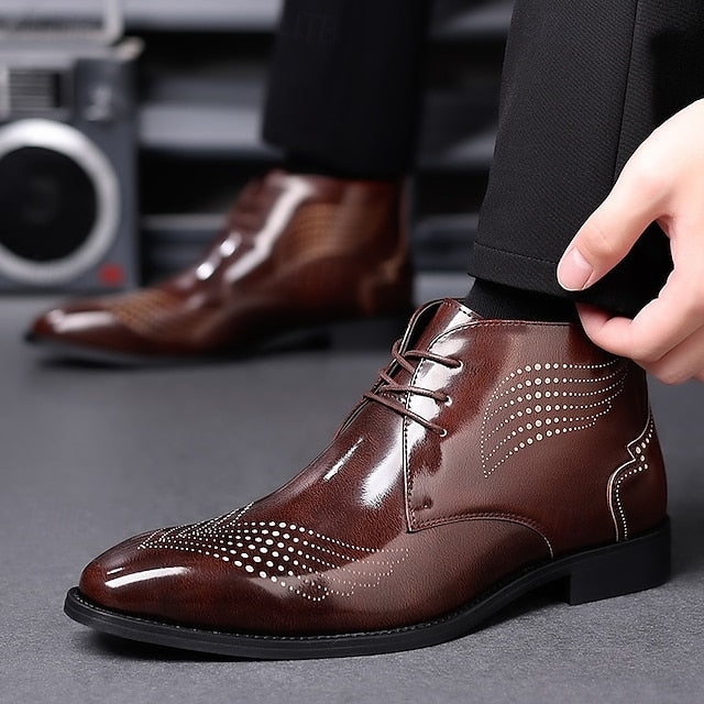 Wingtip Glossy Brogue Burgundy Leather Men's Ankle Faux FashionChic