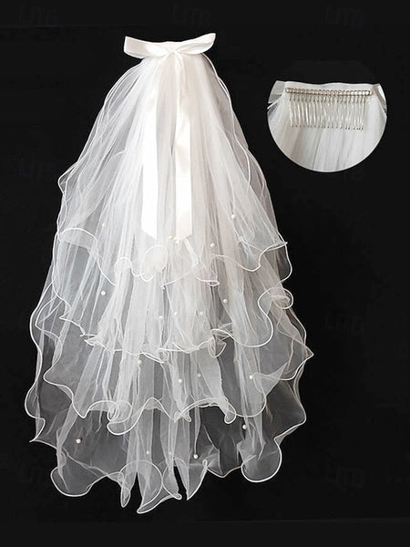 and Soft - Bridal Satin Tulle Ivory Ribbon with Veil Elegant FashionChic