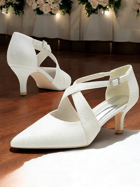 Glitter Heels Cross with Kitten White Strap Rhinestone Buckle FashionChic