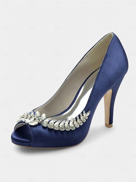 Peep-Toe Luxury – Embellishment Satin Crystal Blue with Heels FashionChic