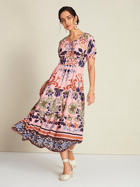 Floral Lace Up Elegant Short Sleeve Midi Dress