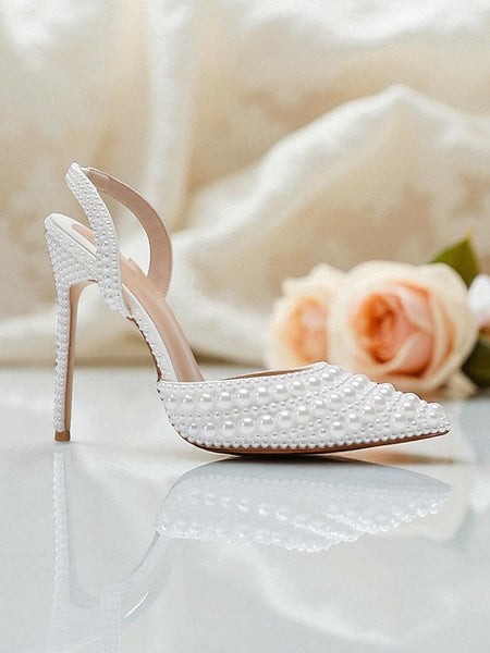 White Pearl-Embellished Slingback Heels Leather Women's - FashionChic
