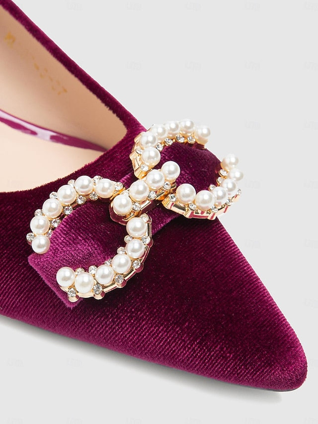 Velvet Kitten Pearl with Burgundy Bow Heel - Women's Pumps FashionChic