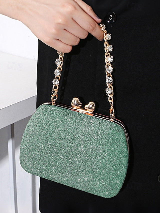 Glitter Sage Clutch Women's with Evening Green Rhinestone FashionChic