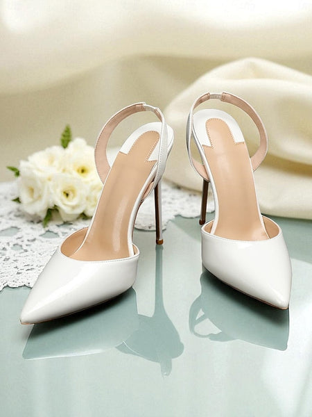 Women's Leather Pearl-Embellished - White Heels Slingback FashionChic