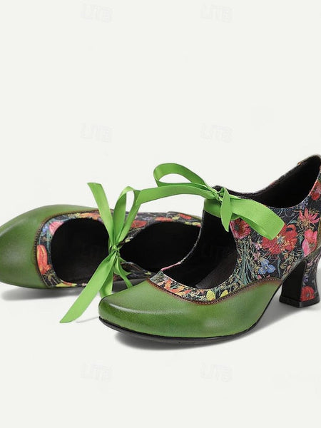 Mary Heels Green with Jane Women's Print Leather Floral FashionChic