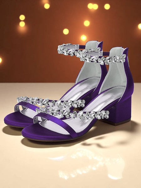 Women's Crystal Purple - Block Satin Sandals Heel FashionChic